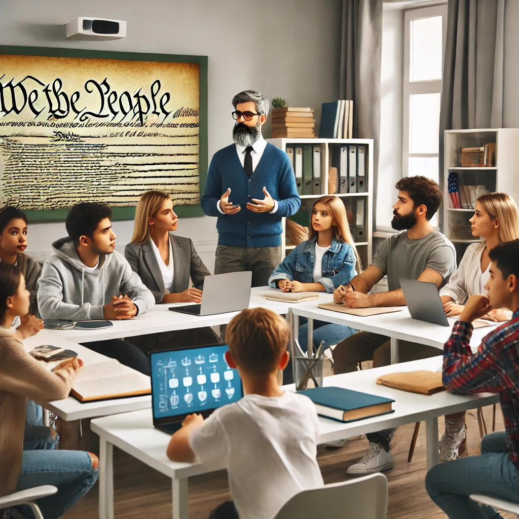 A diverse group of students and a teacher in a modern classroom discussing a topic related to the constitution and education. The classroom is equipped with technological tools such as laptops and smartboards, and there are educational posters on the walls.